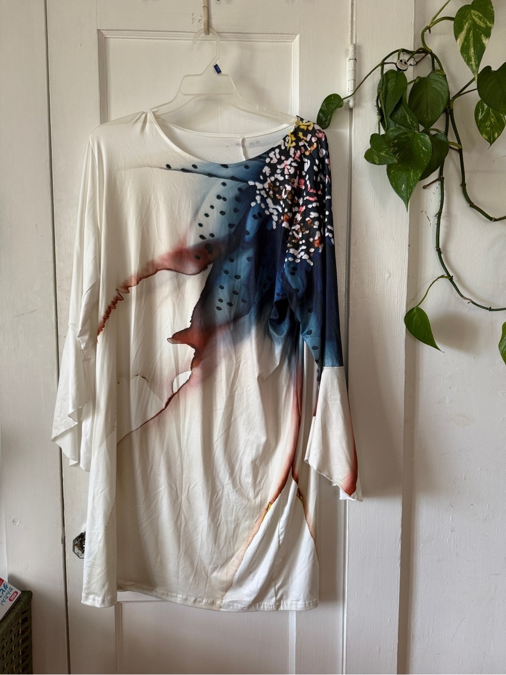 White Abstract Watercolor Tunic Top with Navy & Rust Accents